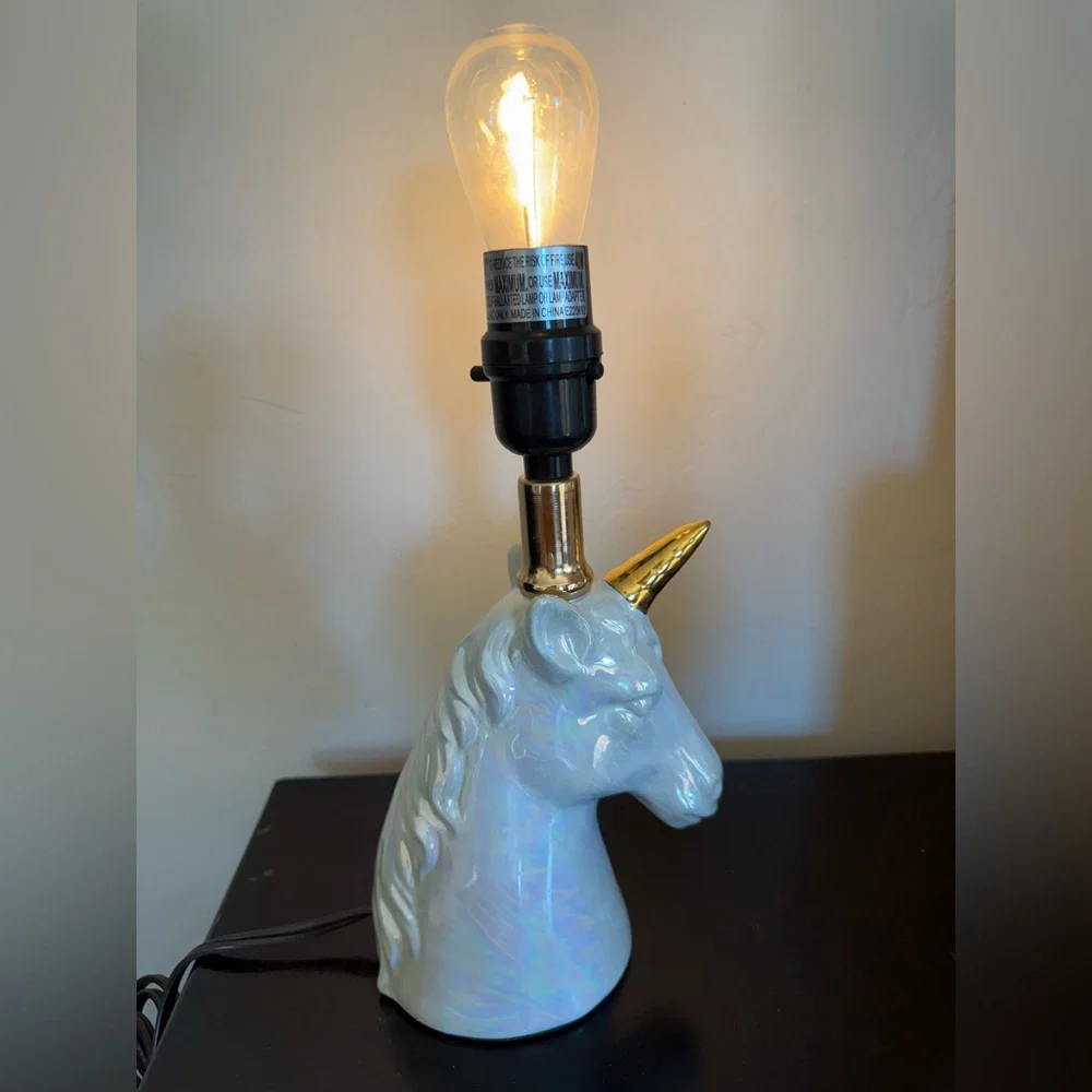 Gold White Unicorn‎ Table Lamp Estate Iridescent ~11” T